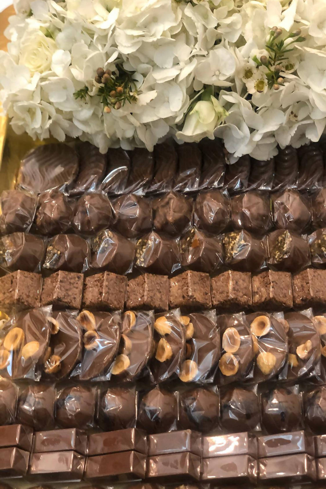 Golden Tray With Flowers & Chocolates