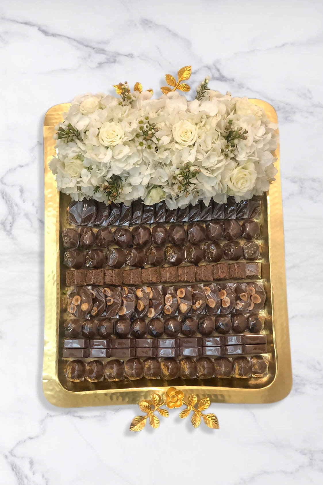 Golden Tray With Flowers & Chocolates