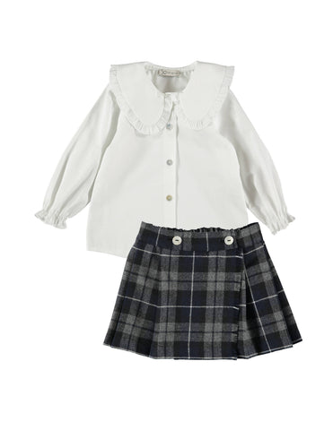 Doll Collar Shirt & Plaid Skirt Set