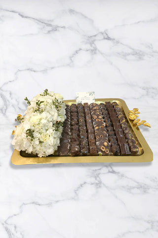 Golden Tray With Flowers & Chocolates