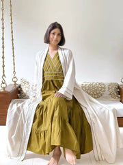 Beige Bisht with V Neck Dress