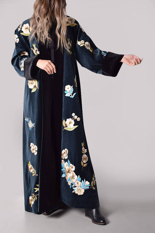 Navy Floral Embroidery Bisht