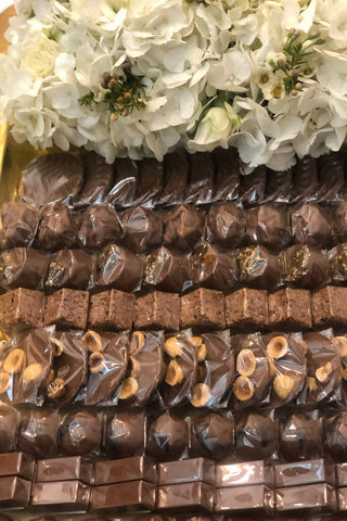 Golden Tray With Flowers & Chocolates