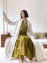 Beige Bisht with V Neck Dress