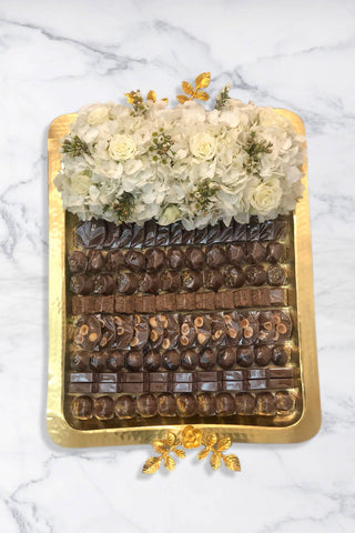Golden Tray With Flowers & Chocolates