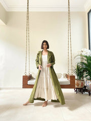 Olive Jacket with Beige Dress