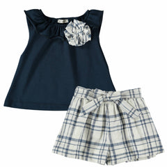 Flower Top & Navy Plaid Shorts Set