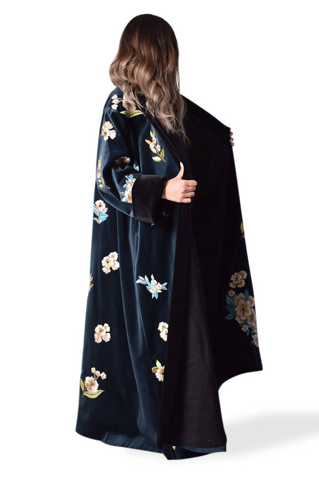 Navy Floral Embroidery Bisht