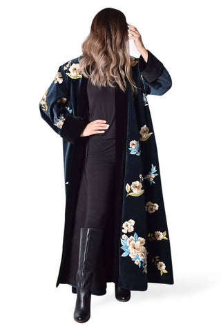 Navy Floral Embroidery Bisht